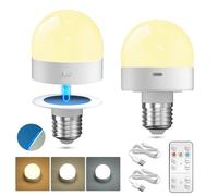 Lamptobe Rechargeable Light Bulb, E27 Dimmable LED with Magnetic Base Detachable, 3 Color Battery Light Bulb with Remote Control, Timer for Night Light, Camp, Non Hardwired Lamps, 2-Pack