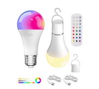 Lamptobe USB Rechargeable Light Bulb with Remote Control, RGB Color Changing Bulb, 12+3 Color Temperature, E27 LED Dimmable Battery Powered Bulbs, Touch Control Bulbs with Timing Function, 2-Pack
