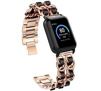 Lamshaw Compatible for 3Plus Vibe Plus Band, Jewelry Chain Metal Wristband with Leather Compatible for 3Plus Vibe Plus/Vibe Lite/Vibe Pro Smartwatch (Rose Gold-Black)