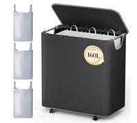 LAMU 160L 3 Compartment Laundry Basket, Large-Capacity Lidded Dirty Laundry Bin with Sturdy Handles, large laundry basket for bedrooms, bathrooms, Laundry Room - Black