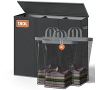 LAMU 180L Laundry Basket 3 Compartment, Large Laundry Basket with Lid and Sturdy Handles, Removable Laundry Bag, Collapsible Laundry Hamper for Bedrooms, Bathrooms, Laundry Room - Black