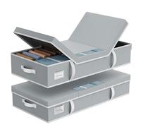 LAMU 2 Pack Under Bed Storage, Large Fabric Underbed Storage Boxes with Lid, Foldable Profile Stackable Storage Box with Clear Window & 4 Handles for Clothes, Blanket, Shoes, Bedding, Grey, 80x40x15cm