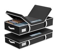 LAMU 2 Pack Under Bed Storage, Large Fabric Underbed Storage Boxes with Lid, Foldable Stackable Storage Box with Clear Window & 4 Handles for Clothes, Blanket, Shoes, Black, 80 * 40 * 15cm