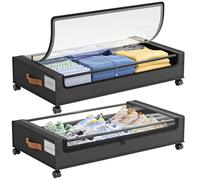 LAMU 2 Pack Under Bed Storage with Wheels, 50L Large Lapacity UnderBed Storage Containers with Clear Lid and Handles, Under the Bed Storage Bins Drawers for Clothes, Blankets, Shoes, Books, Black