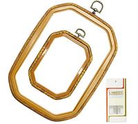 LAMXD 2 Sizes Imitated Wood Rectangle Round Embroidery Hoop Set Plastic Circle Cross Stitch Hoop Rings for DIY Craft Sewing,Including 16pcs Gold Eye Sewing Needles