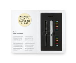 LAMY safari multicolor Fountain Pen Set - Special Edition with 2 Fountain Pens in all black & all white - Steel Nib in Width M - with 2 blue Ink Cartridges, 12 Interchangeable Colored Rings & Gift Box