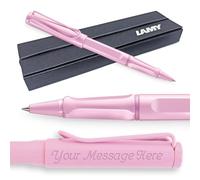 Lamy Safari Rollerball Pen with personalized engraving. Ergonomic grip, medium line width, robust ASA plastic, includes blue M 63 refill, and comes gift boxed. (Light Rose)