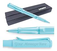 Lamy Safari Rollerball Pen with personalized engraving. Ergonomic grip, medium line width, robust ASA plastic, includes blue M 63 refill, and comes gift boxed. (Aqua Sky)
