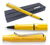 Lamy Safari Rollerball Pen with personalized engraving. Ergonomic grip, medium line width, robust ASA plastic, includes blue M 63 refill, and comes gift boxed. (Yellow)