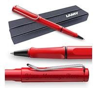 Lamy Safari Rollerball Pen with personalized engraving. Ergonomic grip, medium line width, robust ASA plastic, includes blue M 63 refill, and comes gift boxed. (Red)