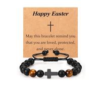 Lamyba Easter Basket Stuffers for Teen Boys - Natural Stone Cross Bracelet with Card, Easter Gifts for Teens, Black Beaded Wristband for Son Grandson