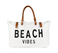 Lamyba Women's XXL White Beach Vibes Canvas Waterproof Sandproof Tote Bag with Vegan Leather Handle