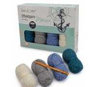 Lana Alzetta Marina Effect Yarn Set - 4 x 50 g Crochet Yarn in Maritime Colours - Gradient Effect Yarn with Crochet Pattern for Triangle Scarf - Yarn Set for Crochet & Creative Work (White, Grey, Blue