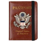 LANANAI Passport Holder Anti-Magnetic Bank Card Holder American Blue Passport Holder with Multiple Card Slots Elastic Band (Brown)
