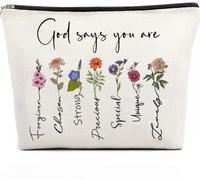 LANBAIHE Christian Makeup Bag for Women - Floral Bible Verse Cosmetic Bag with Inspirational Scripture, Gift for Sister, Affirmation Gifts for Women, Christian Gift, God, Beige-god Says You Are
