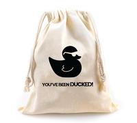 LANBAIHE You've been Ducked, Duck Ducking Set, 91 Piece Set, 20 Duck Tags, 20 Yellow Rubber Ducks, 50 Rubber Bands, 1 Drawstring Duck Bag, Gift for Any Duck Enthusiast, Off Wihte-black, 13 x 10 inches