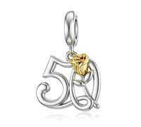 LANBEIDE Birthday Dangle Charms, 925 Sterling Silver 50th Dangle Charms for Pandora with Gold Rose Flower for Bracelet Present for Women s