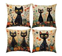 LANBEIDE Black Cat Cushion Cover, 45x45cm Set of 4 Gothic Cat Flowers Pillow Cover Outdoor Throw Pillow Case Decor Home Livingroom Sofa Couch 18"x18"