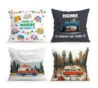 LANBEIDE Caravan Cushion Cover 45x45cm Set of 4, Home is Where We Park it Pillow Cover Campervan Accessories UK Prensent Camper Motorhome Gadget Decor Bed Couch Sofa 18"x18"