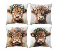 LANBEIDE Highland Cow Cushion Cover 45x45cm,Set of 4 Highland Cow Decoration Scottish Present for Women Animal Flower Pillow Cover Outdoor Throw Pillow Case Decor Home Garden Couch Sofa 18'x18'