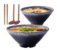 Lanbent 9 Inch Ceramic Japanese Ramen Noodle Soup Bowl, 2 Sets (6 Piece) 1600ml Multi Purpose Bowl with Matching Spoon and Chopsticks, for Instant Noodles, Soup, Noodle, Pho, Udon and Soba (Black)