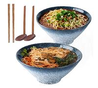 Lanbent 9 Inch Ceramic Japanese Ramen Noodle Soup Bowl, 2 Sets (6 Piece) 1600ml Multi Purpose Bowl with Matching Spoon and Chopsticks, for Instant Noodles, Soup, Noodle, Pho, Udon and Soba (Blue)