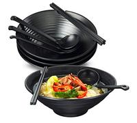 Lanbent Japanese Ramen Bowl Set, Capacity 1000 ml, Premium Non-Slip Soup Bowl with Spoon and Chopsticks, Multifunctional Cereal Bowl for Pasta, Fruit, Noodle Salad, Black, Set of 4