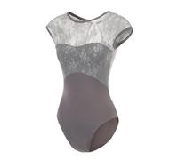 Lanbodance Women Short Sleeve Ballet Leotards for Adult Dance Gymnastics Bodysuit, Grey Lace, Small