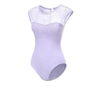 Lanbodance Women Short Sleeve Ballet Leotards for Adult Dance Gymnastics Bodysuit, Lavender/Lace, X-Small