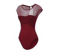 Lanbodance Women Short Sleeve Ballet Leotards for Adult Dance Gymnastics Bodysuit, Wine Red Mesh, X-Small