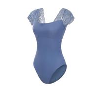 Lanbodance Women's Short Sleeve Leotards for Ballet Dance Adult Ballerina Dance Costume, Dark Blue/Lace, Large