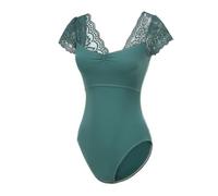 Lanbodance Women's Short Sleeve Leotards for Ballet Dance Adult Ballerina Dance Costume, Dark Green Lace, Medium