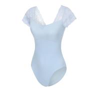 Lanbodance Women's Short Sleeve Leotards for Ballet Dance Adult Ballerina Dance Costume, Light Blue/Lace, Medium