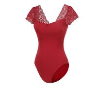 Lanbodance Women's Short Sleeve Leotards for Ballet Dance Adult Ballerina Dance Costume, Red Lace, Medium