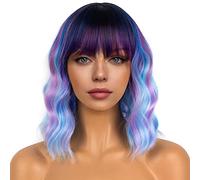 LANCAINI Colourful Short Bob Wigs with Bangs for Women Loose Wavy Wig Curly Wavy Shoulder Length Bob Synthetic Cosplay Wig for Girl Colorful Costume Wigs (Colourful-1)