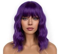 LANCAINI Dark Purple Short Bob Wigs with Bangs for Women Loose Wavy Wig Curly Wavy Shoulder Length Bob Synthetic Cosplay Wig for Girl Colorful Costume Wigs