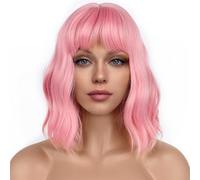 LANCAINI Pastel Bob Wigs with Bangs for Women Loose Wavy Wig Pastel Wavy Shoulder Length Bob Synthetic Cosplay Wig for Girl Colorful Costume Wigs (Pink)