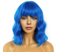 LANCAINI Short Bob Wavy Wig with Bangs for Women Loose Curly Shoulder Length Synthetic Cosplay Wig Bob for Girl Colorful Costume Wigs (Blue)