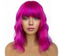 LANCAINI Short Bob Wigs with Bangs for Women Loose Wavy Wig Curly Wavy Shoulder Length Bob Synthetic Cosplay Wig for Girl Colorful Costume Wigs (Rose mixed Purple)