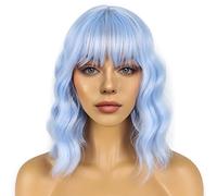 LANCAINI Short Bob Wigs with Bangs for Women Loose Wavy Wig Curly Wavy Shoulder Length Bob Synthetic Cosplay Wig for Girl Colorful Costume Wigs (Light Blue)