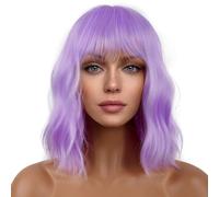 LANCAINI Short Bob Wigs with Bangs for Women Loose Wavy Wig Curly Wavy Shoulder Length Bob Synthetic Cosplay Wig for Girl Colorful Costume Wigs (Purple)