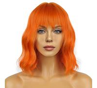 LANCAINI Wavy Wig With Bangs Women's Short Orange Wigs Curly Wavy Bob Synthetic Cosplay Wig for Girls Daily Use Colorful Wigs(12" Orange)