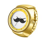 Lancardo Cute Elastic Finger Watch: Black White Gold Silver Tone Fun Mustache Pattern Dial Quartz Ring Watch for Women Men Novel Style, gold tone
