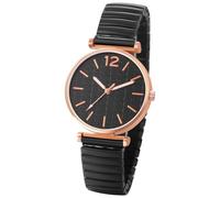 Lancardo Fashionable Womens Elastic Watch: Quartz Black Stainless Steel Stretch Strap Round Floral Dial Easy to Read Wristwatch
