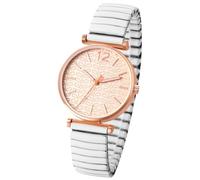 Lancardo Fashionable Womens Elastic Watch: Quartz White Stainless Steel Stretch Strap Round Floral Dial Easy to Read Wristwatch