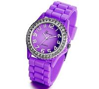 Lancardo Ladies Fashion Rhinestones Crystal Watch Women's Purple Platnium Tone Large Round Face Silicone Watch for Christmas, purple, Modern