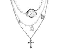 Lancardo Layered Pearl Necklace Watch: Cross Pendant Pearl Bling Rhinestone Stylish Quartz Movement Novelty Pocket Watch for Women