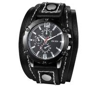 Lancardo Men Steampunk Leather Watch: Black Dial Multi-Layer Leather Strap Wide Cuff Analog Quartz Watch Three-Eye Decorative Valentines Day, black, Modern