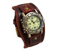 Lancardo Mens Steampunk Retro Genuine Leather Replaceable Watch Military Japan Quartz Hip-hop Gothic Wide Bracelet Cuff Big Black Dial Sport Wrist Watches Costume Watch for Halloween, c