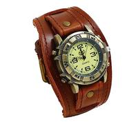 Lancardo Mens Steampunk Retro Genuine Leather Replaceable Watch Military Japan Quartz Hip-hop Gothic Wide Bracelet Cuff Big Black Dial Sport Wrist Watches Costume Watch for Halloween, b